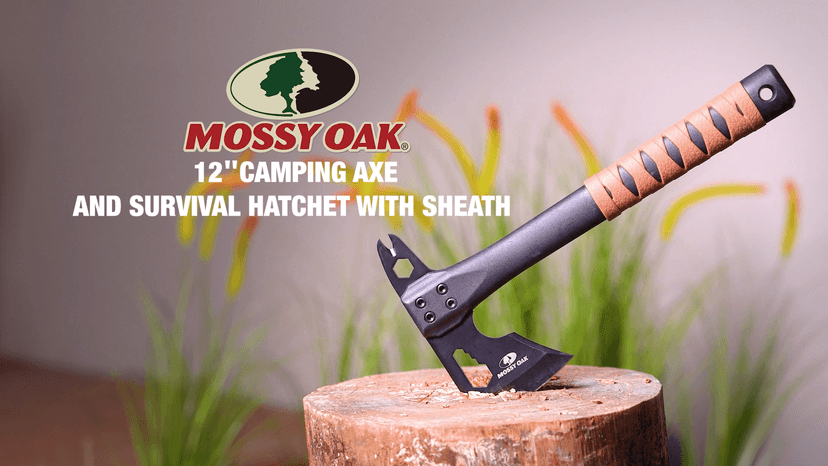 MOSSY OAK 12" Camping Axe and Survival Hatchet with Sheath, Compact Outdoor Multitool Hatchet with Hex Wrench Slots, Non-Slip Dual-Color Handle, Small Camping Gear for Hiking, Chopping, Hunting