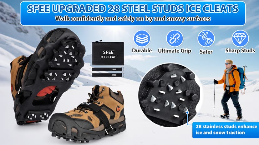 Sfee Crampons Ice Cleats for Shoes and Boots, 28 Steel Shoe Spikes Ultra-Grip Ice Cleats for Men Women Non-Slip Snow Traction Ice Grippers for Shoes and Boots for Walking, Hiking, Climbing, Fishing