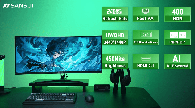 SANSUI 34 Inch 240Hz Ultrawide Curved Gaming Monitor UWQHD 3440×1440, 21:9 2K Curved Monitor 1500R,HDR400,Fast VA, PIP/PBP,AI Crosshair,AIPQ(Visual Enhance),MPRT 1ms,HDMI2.1 * 2,DP1.4 * 2