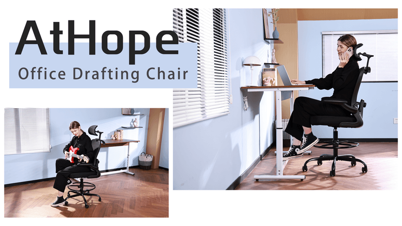 Drafting Chair, Tall Office Chair with 3D Lumbar & Head Support, Ergonomic Mesh Standing Desk Chair with Footring, Comfy Extended High Desk Chair with Flip-Up Arms & Hanger,Black