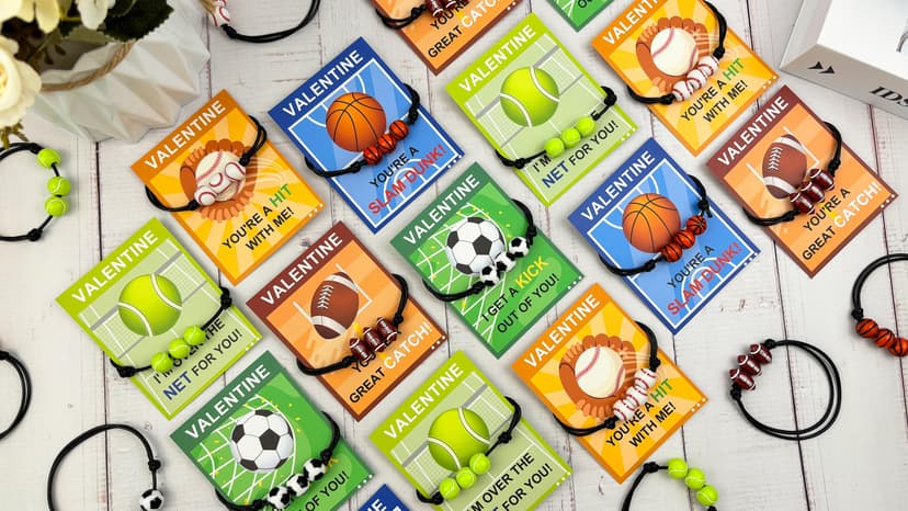 Sports Bracelet Valentines Day Gifts for Kids School Classroom,30 Pack Adjustable Bracelets w/ Cards for Toddler Boy Girl,Valentine Non Candy Treats Party Favor Goodie Bag Stuffers Prizes for Class