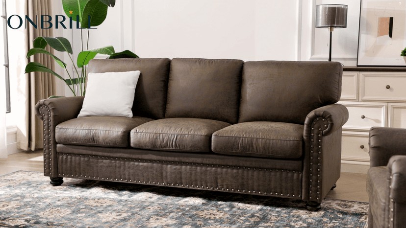 ONBRILL Faux Leather Sofa, 84 Inches Nailhead Trim Couch for Living Room, Mid-Century Modern Deep Seat Sofa with Rolled Arms, Classic 3 Seater Couch for Apartment, Office, Brown