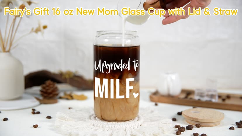 Fairy's Gift New Mom 16 oz Glass Cup with Lid Straw, Funny New Mom Gifts for Women, Christmas Birthday, Postpartum, Pregnancy Gifts for Expecting Mommy, Pregnant Women, Mother to Be, First Time Mommy