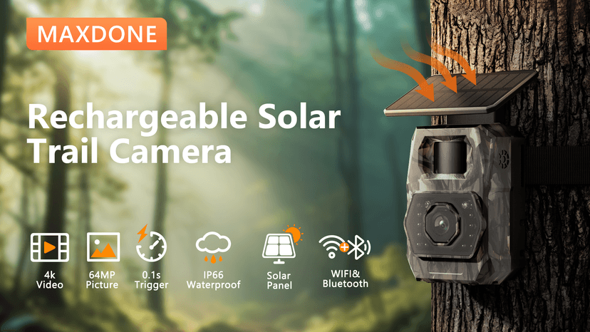 MAXDONE Solar Trail Camera WiFi Bluetooth - 4K 64MP Game Cameras with Night Vision Motion Activated IP66 Waterproof, with 5200mAh Battery and 32GB Memory Card Cameras for Outdoor and Backyard ﻿