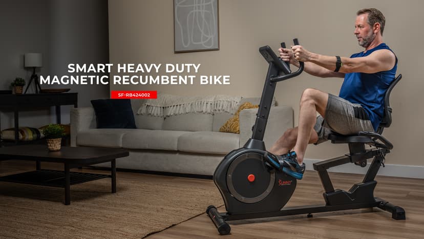 Sunny Health & Fitness Smart Heavy-Duty Recumbent Bike w/Wide Cushioned Seat & Back, Indoor Cycling Machine for Adult/Seniors Home Exercise, Free SunnyFit App Connect, Optional Workout Training Bands