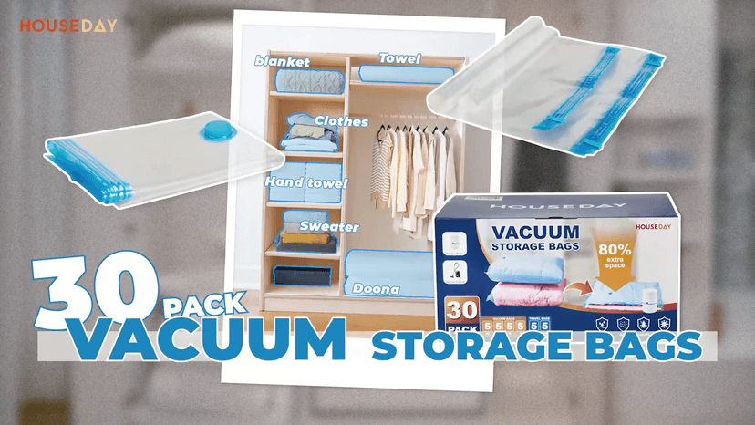 HOUSE DAY 30 Pack Vacuum Storage Bags with Electric Pump, 4 Sizes + 2 Roll-Up (5 Each), Space Saver Vacuum Seal Bags for Clothing, Bedding, Pillows, Travel – Airtight Seal, Reusable & Durable