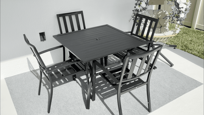MFSTUDIO Outdoor Dining Set for 4, Patio Table and Chairs Set with Umbrella Hole, Metal Patio Furniture Set for Patio, Deck, Yard, Porch