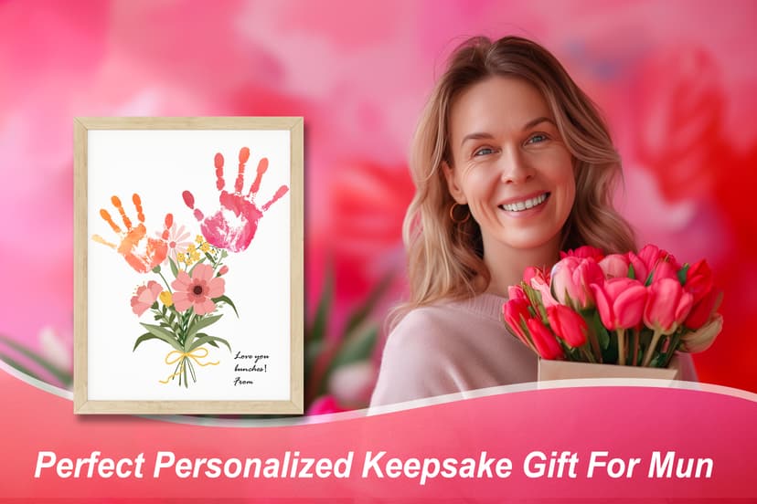 TwoDays Flower Bouquet Handprint Art Craft DIY Kit, Unique Gifts for Mom from Daughter or Son for Mother's Day Birthday Christmas, Gift for Grandma.(12" X 16", with Wood Frame)