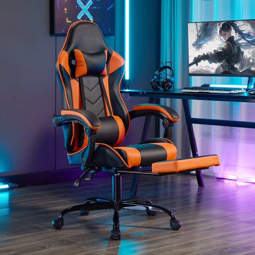 Gaming Desk Chair for Adults, Ergonomic Gaming Chair with Footrest & Headrest and Lumbar Support, Leather Material Height Adjustable Computer Video Game Chairs (Blue+White)