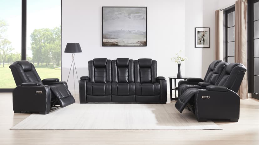 THSUPER Black Leather Power Recliner Sofa Loveseat Sets with Arm Storage and Power Headrest, Leather Living Room Reclining Sofa and Loveseat Set with Cup Holders and Bluetooth Speaker. | Breathable material, LED ambient light, Reading light, Hidden outlet, USB and Type-C port