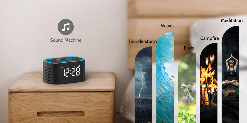 Reacher Digital Alarm Clock & White Noise Sound Machine, 21 Soothing Sounds, 7 Wake Up Sounds, 8 Night Lights, 32-Level Volume, 9 Sleep Timer, Memory Function for Adult, Kid, Bedside, Bedroom