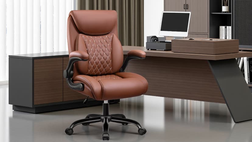 BESTFAIR Office Chair, Ergonomic Computer Desk Chairs with Lumbar Support for Lower Back Pain Relief, Executive Leather Home Chair Comfy with Padded Flip-up Armrests, Black