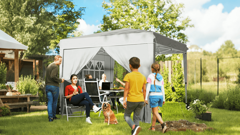 Outsunny 10 x 10 ft Pop Up Canopy Tent with Sidewalls, UPF50+ Outdoor Portable Instant Canopy Shelter with Carry Bag, Sandbags, Adjustable Height for Parties, Events, Camping, Light Gray