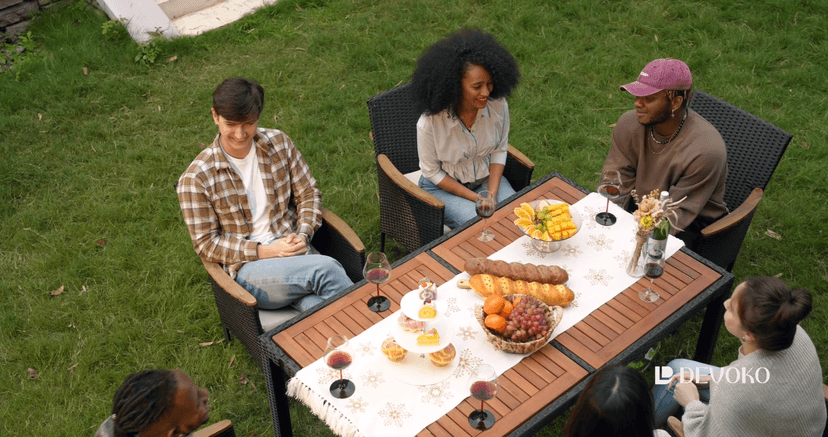 Devoko Dining 7 PCS Furniture, Patio Conversation Set with Acacia Wood Table Top, Outdoor, Beige Cushion and Black Rattan
