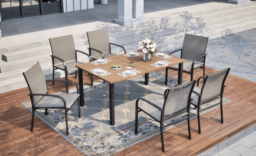 SUNSHINE VALLEY 7 Piece Patio Dining Set for 6, Rectangular Metal Table with Umbrella Hole, 6 Brown Dining Chairs, Outdoor Table and Chairs Set for Lawn Backyard and Deck