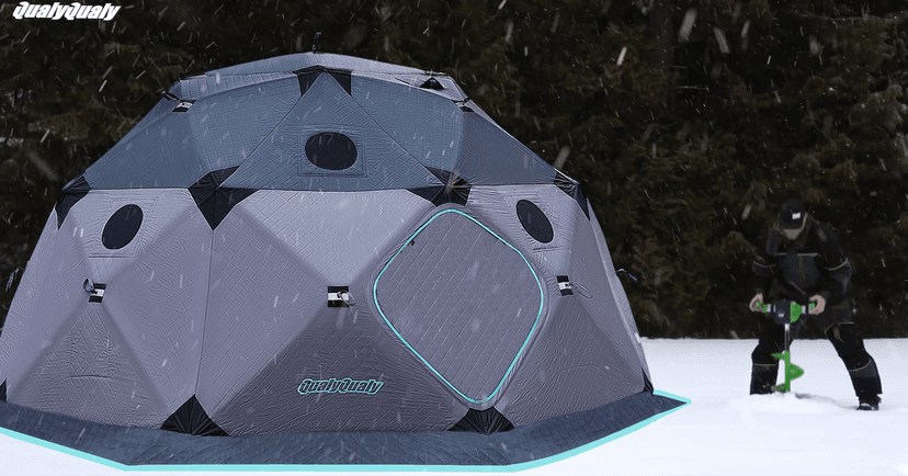 QualyQualy Insulated Pop-Up Tent with Floor - 8-10 Person Ice Fishing Shelter, 147sq.ft Windproof Ice Shack Hut with Stove Jack, Carrying Bag