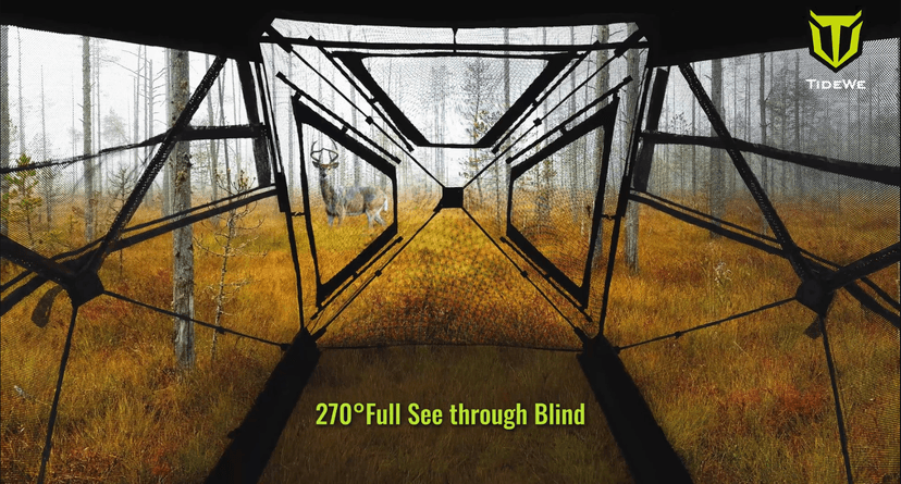 TIDEWE Hunting Blind 270°Full See Through with Windproof Curtain, Silent Magnetic Door & Sliding Windows, Pop Up Ground Blind with Carrying Bag, 300D Portable Tent