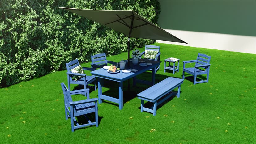 SERWALL 7-Piece Patio Dining Table Sets, Outdoor HDPE Dining Furniture Set with Umbrella Hole Cut-Out Table and 6 Chairs, Blue