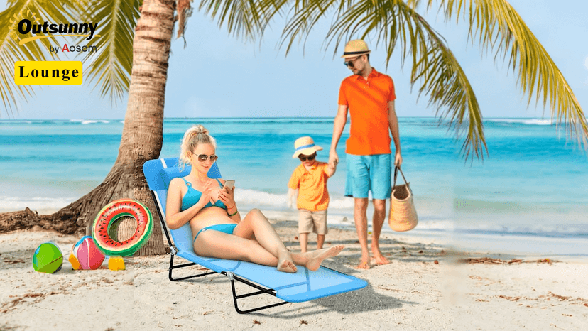 Outsunny Folding Chaise Lounge Chair, Pool Sun Tanning Chair, Outdoor Lounge Chair with Reclining Back, Breathable Mesh Seat, Headrest for Beach, Yard, Patio, Blue