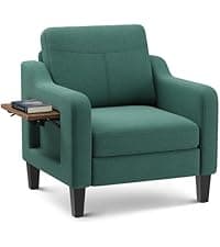 Accent Chair for Living Room Modern Linen Upholstered Armchair Side Wooden Fabric Sofa Chair with Foldable Table 2 Side Pockets Comfy Reading Chair for Bedroom