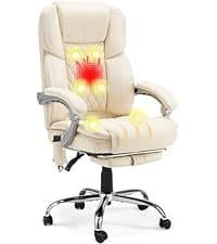 HOMREST 6-Point Massage Executive Chair,Heat Office Chair,Ergonomic Home Office Desk Chairs with Retractable Footrest and Reclining Function,Leather Computer Chair with Adjustable Armrest(‌Off White)