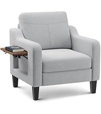 Accent Chair for Living Room Modern Linen Upholstered Armchair Side Wooden Fabric Sofa Chair with Foldable Table 2 Side Pockets Comfy Reading Chair for Bedroom