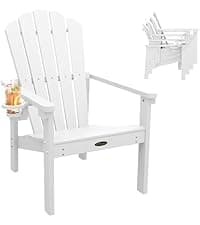 THOEOE Stackable Adirondack Chair Set of 4, HDPE All-Weather Adirondack Chairs - Durable and Space Saving, Plastic Outdoor Fire Pit Chairs with Cup Holder,White
