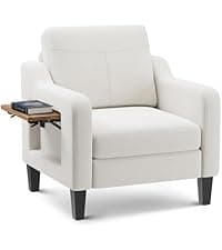Accent Chair for Living Room Modern Linen Upholstered Armchair Side Wooden Fabric Sofa Chair with Foldable Table 2 Side Pockets Comfy Reading Chair for Bedroom