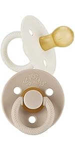 Itzy Ritzy Natural Rubber Newborn Pacifiers (Set of 2) – Baby Pacifiers with Cherry-Shaped Nipple & Large Air Holes for Added Safety; Set of 2 Binkies in Coconut & Toast (Ages 0 – 6 Months)