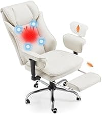 HOMREST 6-Point Massage Executive Chair,Heat Office Chair,Ergonomic Home Office Desk Chairs with Retractable Footrest and Reclining Function,Leather Computer Chair with Adjustable Armrest(‌Off White)