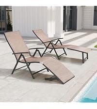 Crestlive Products Outdoor Chaise Lounge Chair,5-Position Pool Lounge Chairs with Armrests Sunbathing Recliner for Patio, Beach, Deck, Yard (2PC Beige)