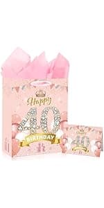 Yoirrat Rose Gold 60th Birthday Gift Bag for Women 60 & Fabulous Large Pink Happy 60th Birthday Gift Bag with Wrapping Paper and Card for 60th Bday Decorations Party Supplies