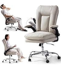 LEAGOO Office Chair with Foot Rest, Ergonomic Executive Office Chair with Arms, Reclining High Back PU Leather Comfy Swivel Computer Desk Chairs with Wheels and Lumbar Support for Home Office, Cream