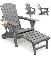 THOEOE Folding Adirondack Chair,HDPE All-Weather Outdoor Chair with Cup Holder,Wooden Textured,Fire Pit Chair,Plastic Patio Chair for Deck,Backyard,Garden,Lawn, Grey
