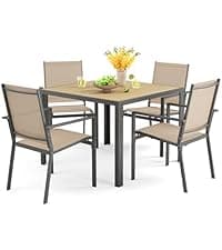 Ahomly Patio Table and Chairs Set for 6, Outdoor Dining Set Includes 59.5" Rectangle Patio Table with Side Umbrella Hole and 6 Textilene Fabric Patio Chairs for Backyard, Courtyard, Poolside, Brown