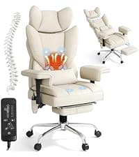 Massage Office Chair with Heat - 6 Points Vibration 400LBS Leather Reclining Office Chair with Lumbar Pillow, Adjust Headrest and Armrest, Executive Desk Chair for Home Office, Beige