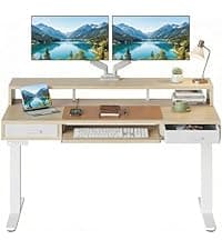 HUANUO 48″ x 24″ Electric Standing Desk with 2 Drawers, C-Clamp Mount Compatible, Height Adjustable Computer Desk, Home Office Stand Up Desk with 4 Preset Heights & 2 Hooks, Black
