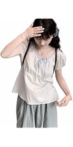 LREUIP Chic Korean Style Academy Style, Contrasting Navy Collar, Versatile Bubble Sleeve Shirt, Loose top, Elegant Goddess