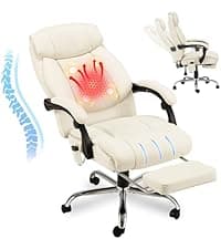 HOMREST 6-Point Massage Executive Chair,Heat Office Chair,Ergonomic Home Office Desk Chairs with Retractable Footrest and Reclining Function,Leather Computer Chair with Adjustable Armrest(‌Off White)