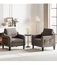 Accent Chair for Living Room Modern Linen Upholstered Armchair Side Wooden Fabric Sofa Chair with Foldable Table 2 Side Pockets Comfy Reading Chair for Bedroom