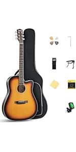 Donner Acoustic Electric Guitar Full Size Kit for Beginner Intermediate with Amplifier Capo Pick Tuner Strings Strap - 41 Inch