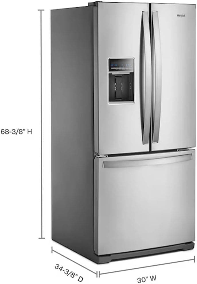 Whirlpool 30 Inch French Door Refrigerator with 19.7 Cu. Ft. Capacity, Internal Ice Maker, Water Dispenser, Spill-Proof Glass Shelves, EveryDrop® Filtration and Fast Cool: Stainless Steel