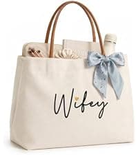 Engagement Gift for Bride, Wifey, Bachelorette Party Favors, Honeymoon, Wedding Essentials Bag with Leather Handle & Pocket Bridal Shower Gifts Bride Tote Bag for Bride to Be, Future Mrs B0GTV3F3QJ