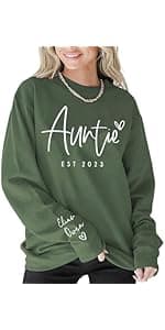 DILYPOD Personalized Auntie Name Sweatshirt, Custom Auntie with Kids Names On Sleeve, Aunt Sweatshirt, Aunt Gift, Christmas Shirt for Women, Gift for Mothers Day Womens Day Birthday