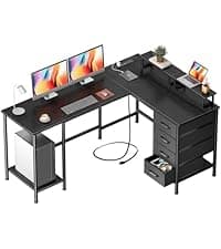 Korfile 59 inch L Shaped Computer Desk with Power Outlets, Home Office Desk with 4 Adjustable Storage Drawers & 2 Monitor Stands, Two Person Gaming Table for Bedroom, Black