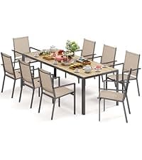 Ahomly Patio Table and Chairs Set for 6, Outdoor Dining Set Includes 59.5" Rectangle Patio Table with Side Umbrella Hole and 6 Textilene Fabric Patio Chairs for Backyard, Courtyard, Poolside, Brown