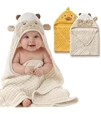 Blissful Diary Muslin Baby Hooded Towel 2 Pack, Soft & Absorbent Bath Towel for Infant, Toddler, Unisex, Baby Gift, Newborn Essentials, Bear & Lamb B0FQ9ZT37D