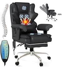 Massage Office Chair with Foot Rest, Ergonomic Executive Heated Office Chair with Reclining Backrest, Adjustable Arms and Lumbar Support, High Back Leather Desk Chairs for Home Office, Black