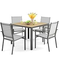 Ahomly Patio Table and Chairs Set for 6, Outdoor Dining Set Includes 59.5" Rectangle Patio Table with Side Umbrella Hole and 6 Textilene Fabric Patio Chairs for Backyard, Courtyard, Poolside, Brown