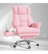 HOMRELEXA Big and Tall Office Chair, Flip Armrests for Pets & Cross Legged Sitting, Executive Ergonomic Computer Gaming Chair with Foot Rest, White Rose Velvet Wide Seat Reclining Desk Chair